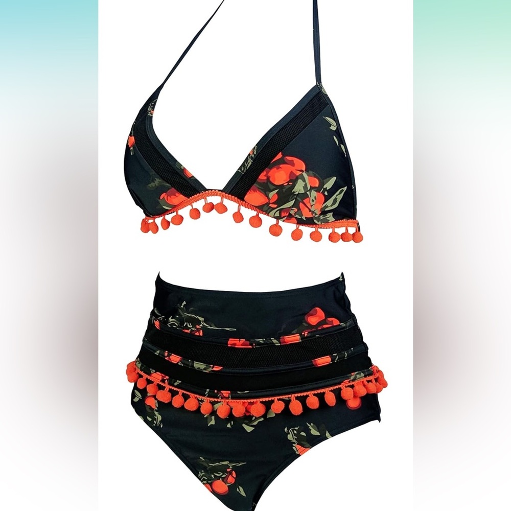 High waist tie top Pom Pom bikini